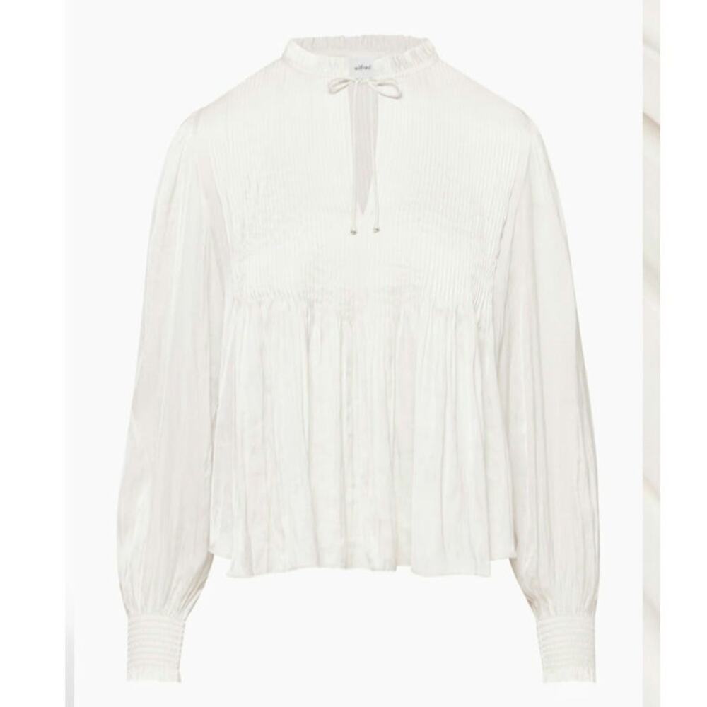 Aritzia Wilfred Milou Blouse Plisse Satin Pin-Tuck Cream Birch Size S Coquette